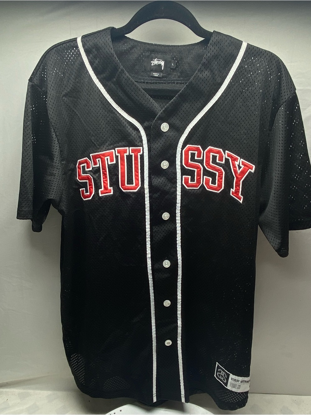 Stussy International Stitch Spell Out Mesh Baseball Jersey Black Red Men's Large